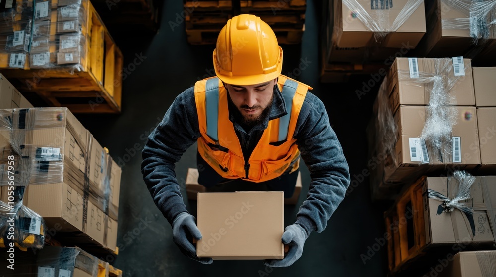 Warehouse worker wearing safety gear carrying a cardboard box surrounded by packed pallets Warehouse worker wearing safety gear carrying a cardboard box surrounded by packed pallets