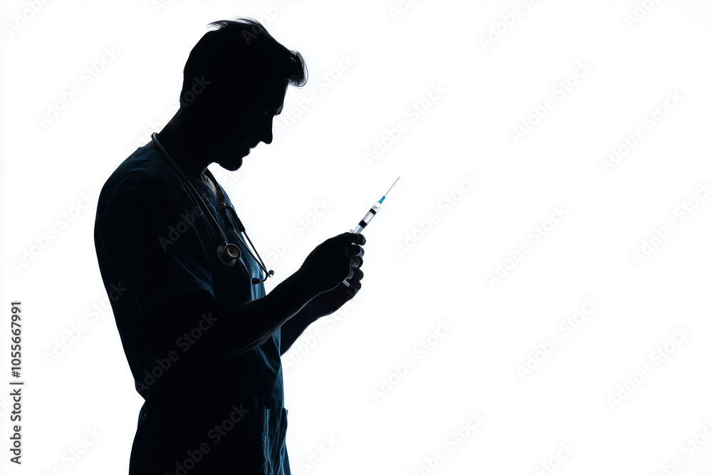 A silhouette of a doctor preparing an injection on a bright background, symbolizing healthcare, professionalism and patient trust in healthcare settings. A silhouette of a doctor preparing an injection on a bright background, symbolizing healthcare, professionalism and patient trust in healthcare settings.