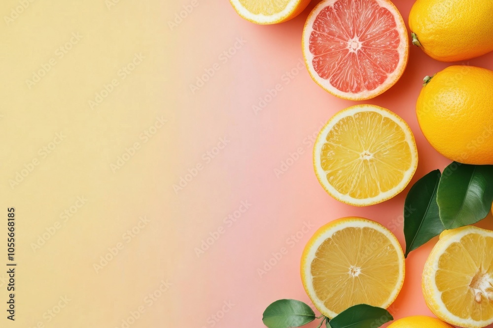 A minimalist composition of whole and sliced citrus fruits on a pastel background, with ample blank space for commercial text