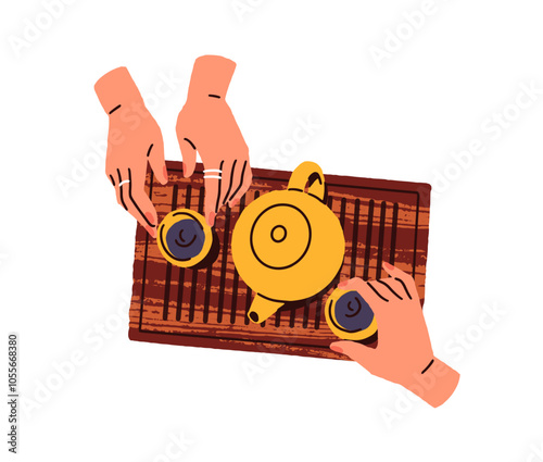 Women are at Chinese tea ceremony top view. Female hands take bowls to drink herbal beverage. Traditional Japanese teapot, tetsubin, cups on tray. Flat isolated vector illustration on white background