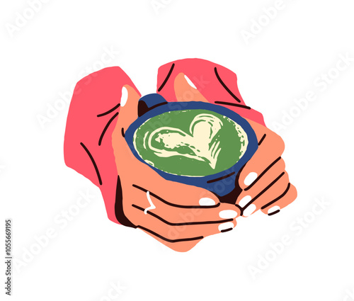 Woman holds cup of matcha with heart pattern on foam. Pottery mug of organic green tea, natural drink in female hands. Teacup of hot beverage. Flat isolated vector illustration on white background