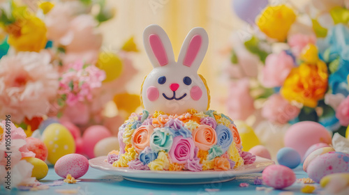 Colorful easter bunny cake with floral decorations for spring celebration photo