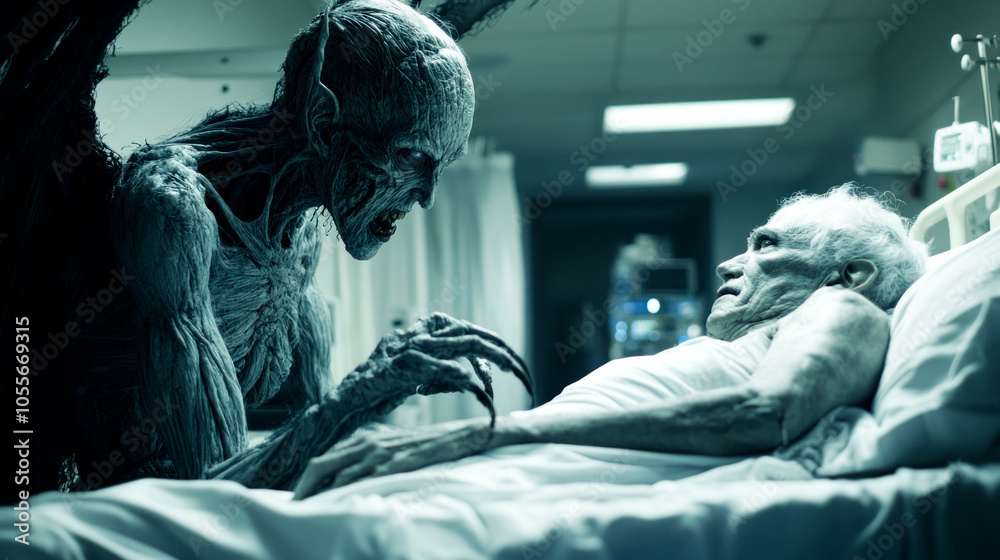 Black demon claims life of a terminally ill old patient in intensive care unit or a hospice Black demon claims life of a terminally ill old patient in intensive care unit or a hospice