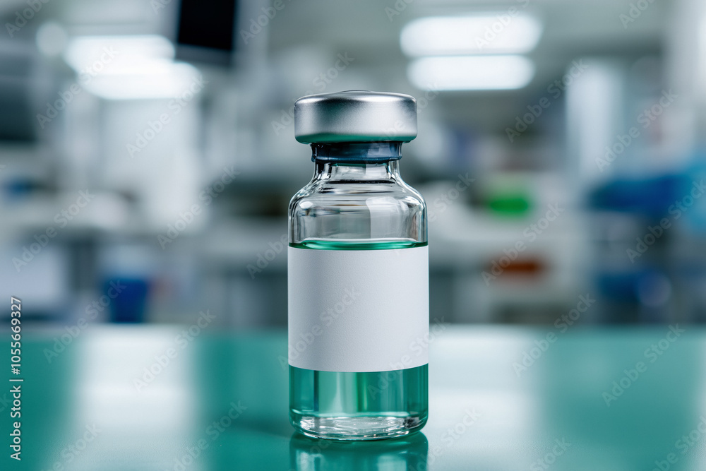 A glass vaccine vial with a blank label is positioned on a hospital table, with a soft-focus laboratory setting in the background, symbolizing precision and sterility in medical environments. A glass vaccine vial with a blank label is positioned on a hospital table, with a soft-focus laboratory setting in the background, symbolizing precision and sterility in medical environments.
