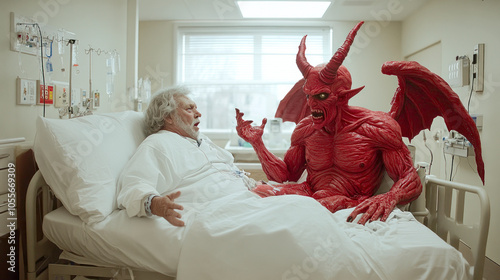 Old man sees red devil in a hospital or rehab, alcohol psychosis, delirium tremens concept