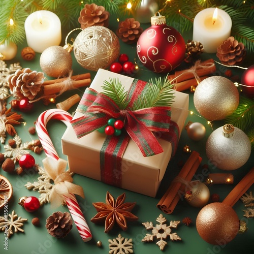 Christmas decorations with gift box on green background.
