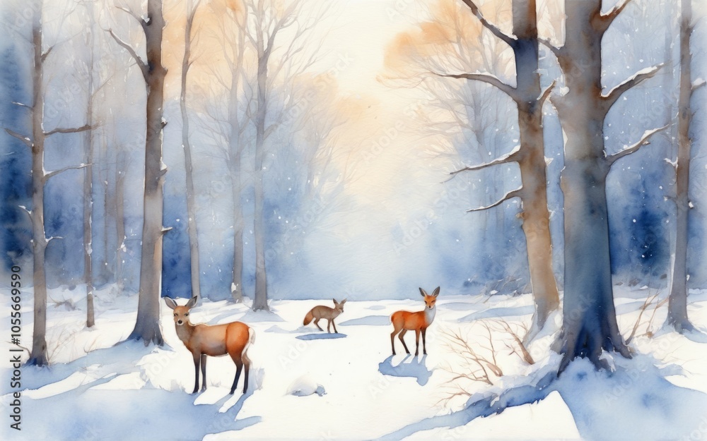 Deer grazing in a snowy forest at dawn, surrounded by tall trees and soft snowfall Deer grazing in a snowy forest at dawn, surrounded by tall trees and soft snowfall