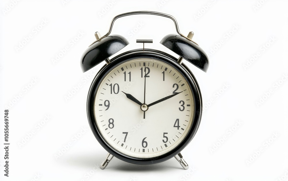 A classic black alarm clock with a white face and two bells on top, indicating time. A classic black alarm clock with a white face and two bells on top, indicating time.