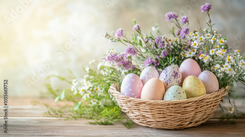 Pastel easter eggs in natural floral basket - spring decor and holiday inspiration