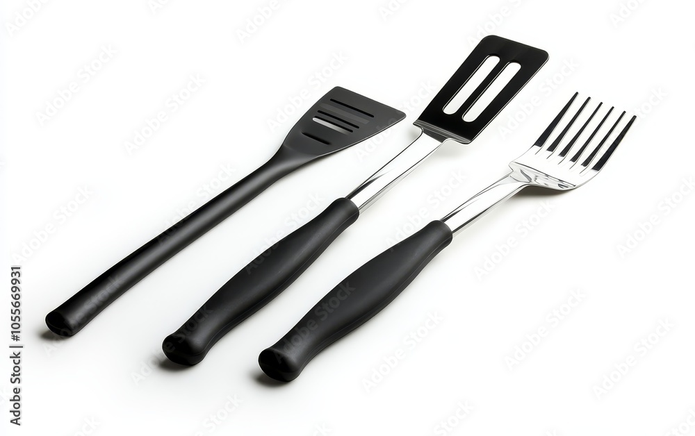 A set of three kitchen utensils a spatula, a slotted spatula, and a fork, ideal for cooking and grilling. A set of three kitchen utensils a spatula, a slotted spatula, and a fork, ideal for cooking and grilling.