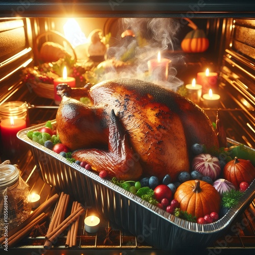 Christmas or Thanksgiving festive turkey cooking in an oven. photo