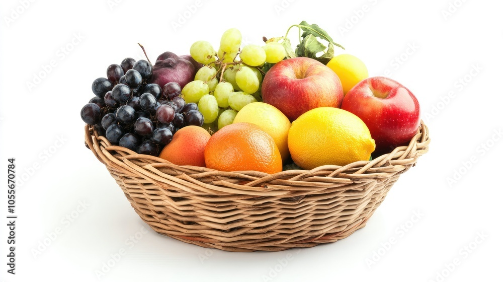 Fresh selection of fruits and veggies in a wicker basket, with copy space for health-themed messages Fresh selection of fruits and veggies in a wicker basket, with copy space for health-themed messages