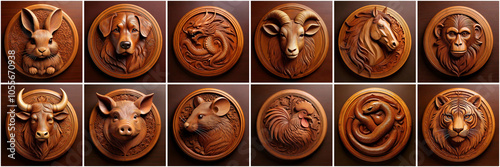 set of chinese zodiac sign in artistic wooden style, china astrology concept for 2025, the year of wooden snake photo