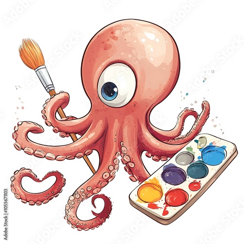 Cartoon octopus holding a paintbrush and palette on a white background. photo