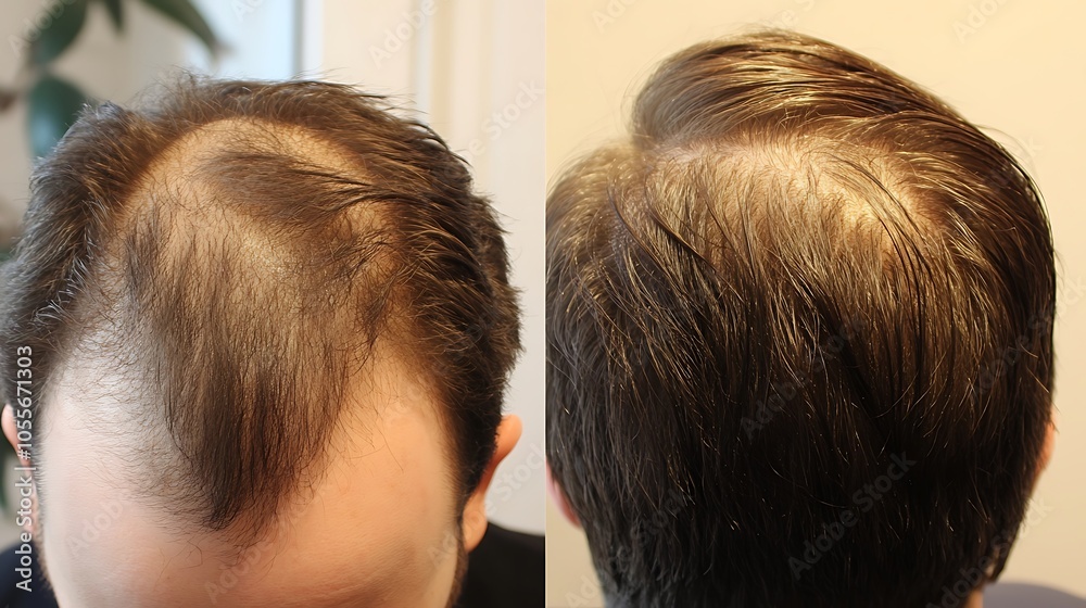A before and after photo of a hair loss treatment, Before and after people head A before and after photo of a hair loss treatment, Before and after people head