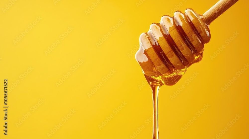 Honey cascading from a wooden dipper against a vibrant yellow backdrop A delightful bee product for your creative projects with ample space for text Honey cascading from a wooden dipper against a vibrant yellow backdrop A delightful bee product for your creative projects with ample space for text