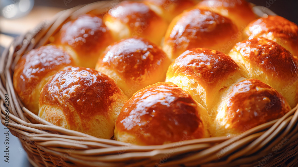 Golden brioche rolls in wicker basket - perfect for breakfast and brunch food photography Golden brioche rolls in wicker basket - perfect for breakfast and brunch food photography