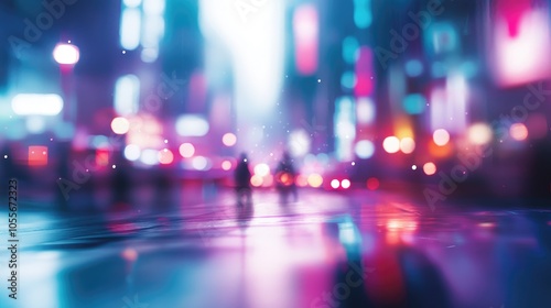 A street scene is depicted in a soft blur highlighted by the bright artificial lights of the city environment