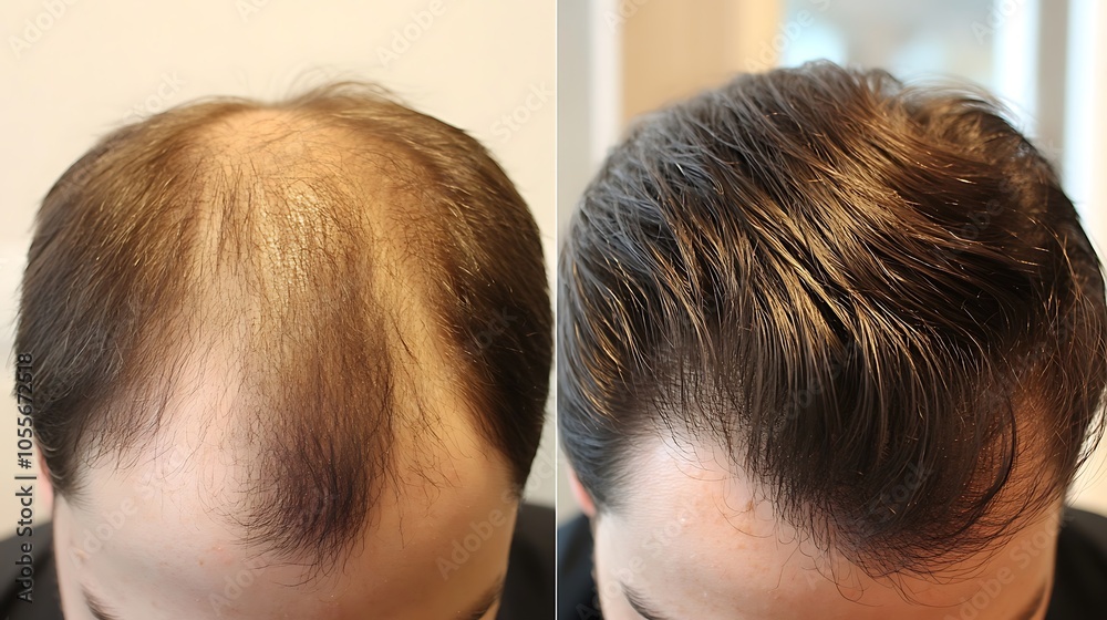 A before and after photo of a hair loss treatment, Before and after people head A before and after photo of a hair loss treatment, Before and after people head
