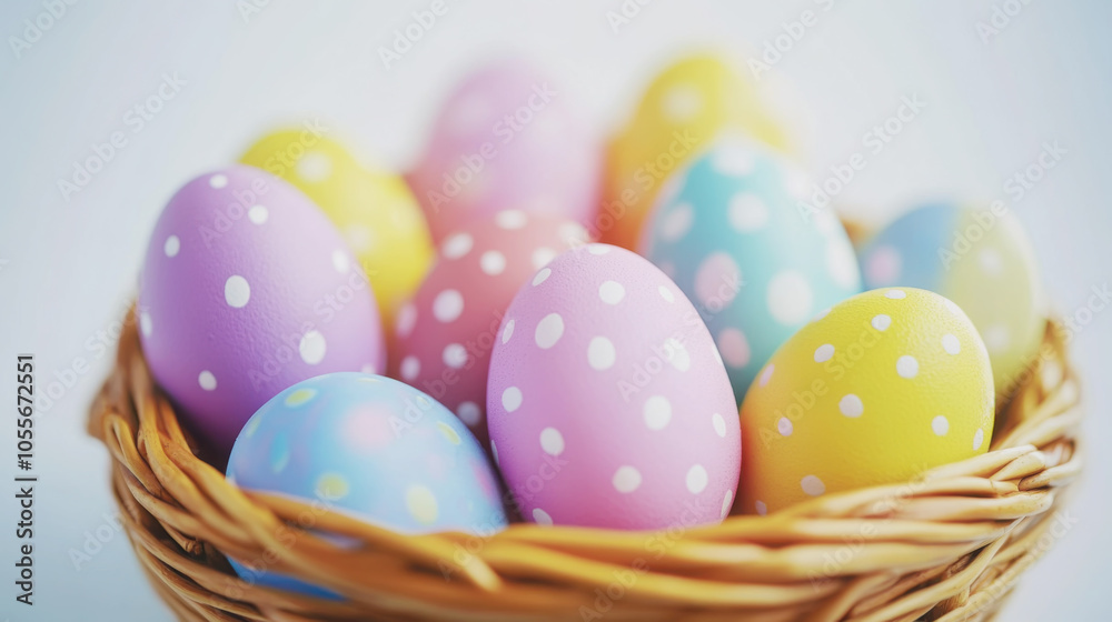 Colorful polka dot easter eggs in wicker basket for spring decor and celebrations Colorful polka dot easter eggs in wicker basket for spring decor and celebrations