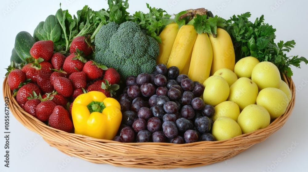 Healthy fruits and veggies in a basket on a plain surface, with ample room for nutrition messages Healthy fruits and veggies in a basket on a plain surface, with ample room for nutrition messages