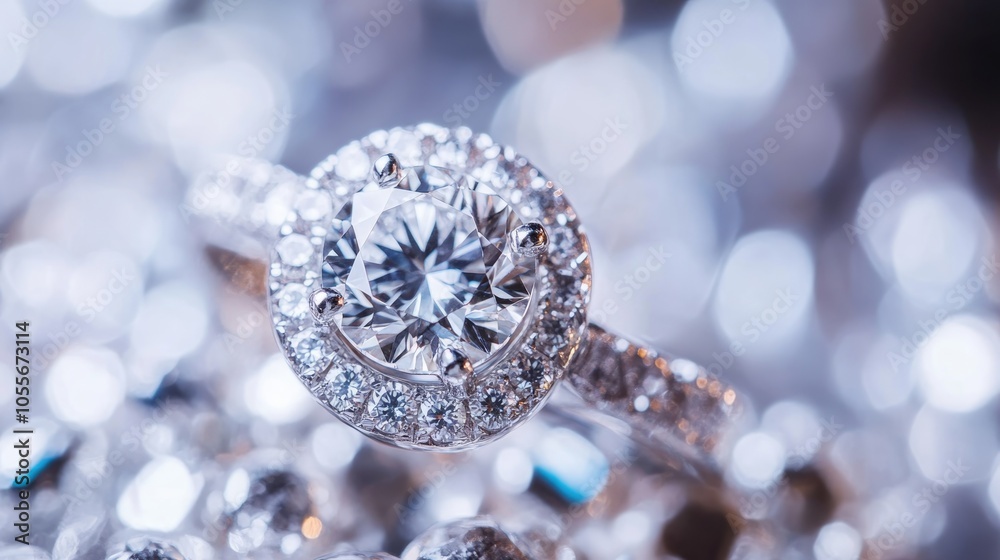 Close up of a luxurious white gold or silver engagement ring adorned with diamonds highlighting exquisite details of female wedding accessories Close up of a luxurious white gold or silver engagement ring adorned with diamonds highlighting exquisite details of female wedding accessories