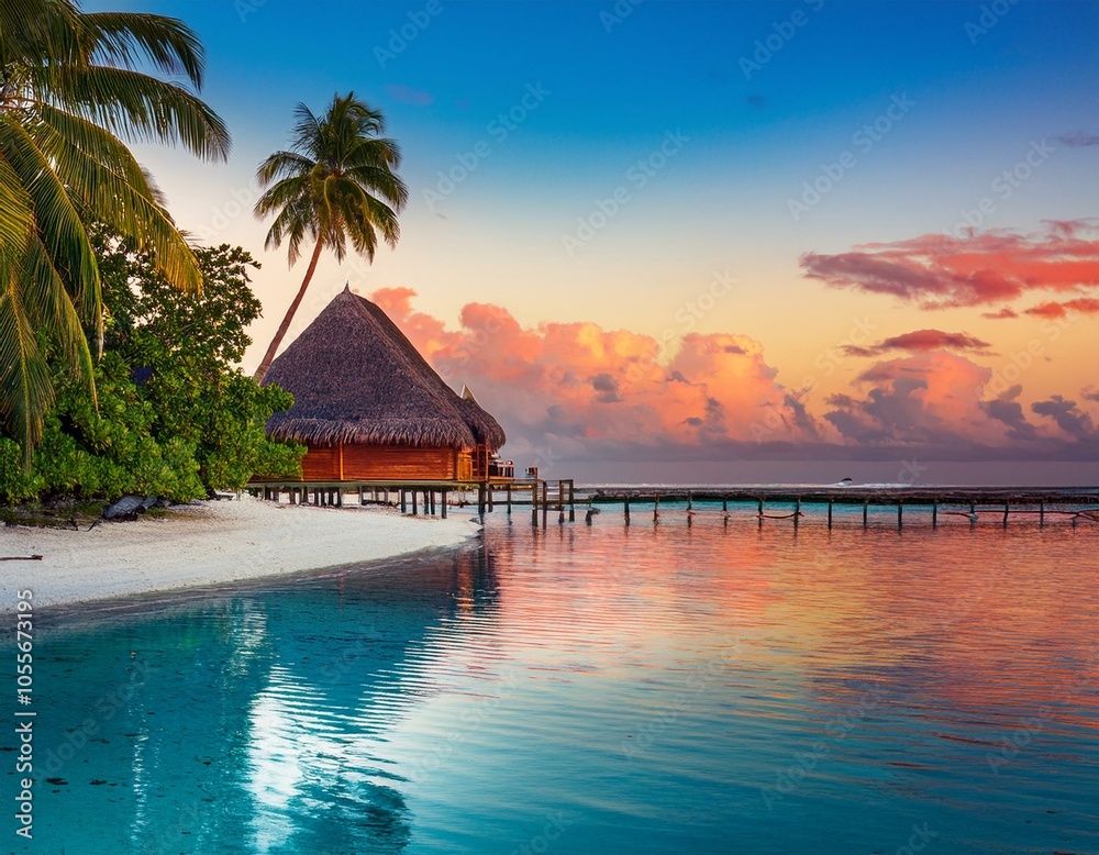 Fototapeta premium Tropical beach in Bora Bora at sunset