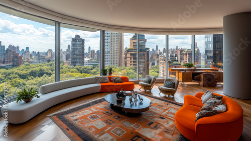 Living room of presidential suite in expensive hotel with panoramic windows and city view photo