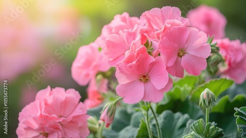 Pink pelargonium blooms in a vibrant summer garden