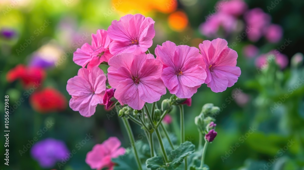 Pink pelargonium blooms in a vibrant summer garden Pink pelargonium blooms in a vibrant summer garden