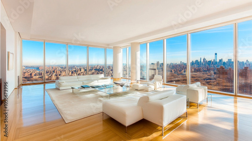 Living room of presidential suite in expensive hotel with panoramic windows and city view photo