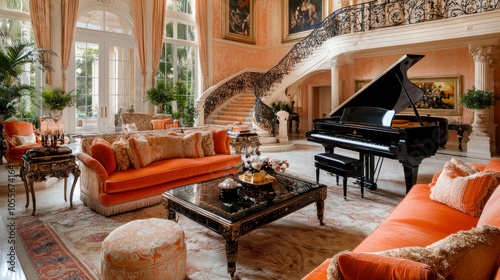 Sitting room with couch and a piano photo