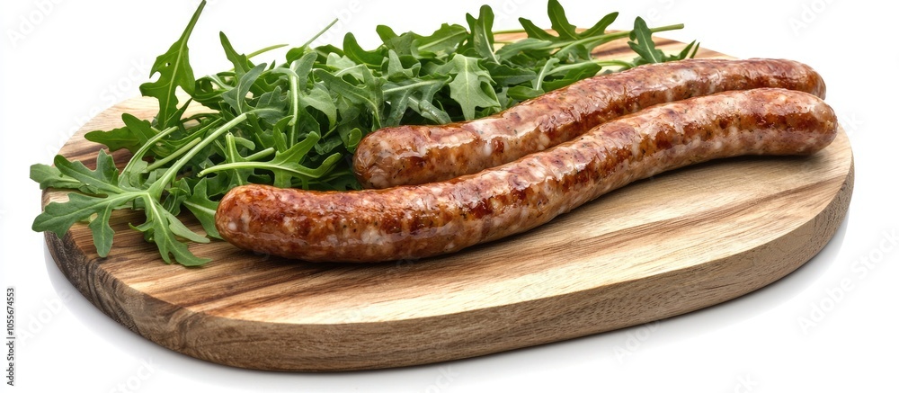 Pork Sausage With Arugula On Cutting Board On White Background Pork Sausage With Arugula On Cutting Board On White Background