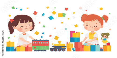 cartoon picture of two children playing with a train with presents