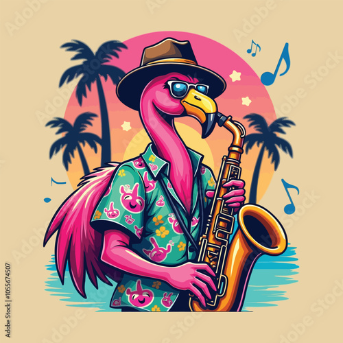 Hand-drawn Funky Flamingo Cartoon Character Retro Vibes illustration photo