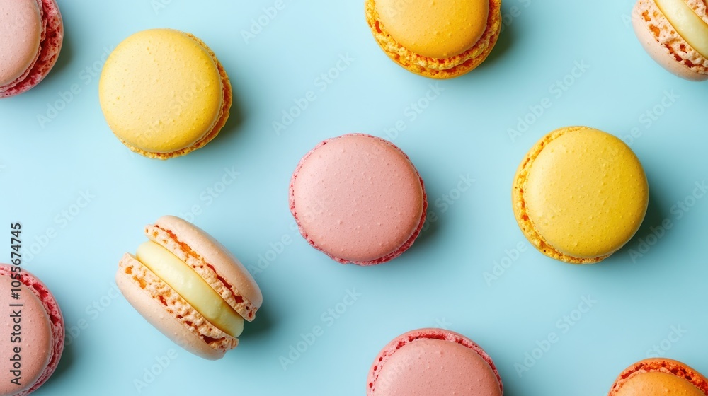 Vibrant macarons on a pastel blue backdrop captured from above Elegant dessert presentation in a stylish composition Vibrant macarons on a pastel blue backdrop captured from above Elegant dessert presentation in a stylish composition