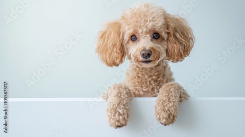 A playful apricot poodle with one paw raised curiously peering over a white ledge set against a bright minimalistic backdrop