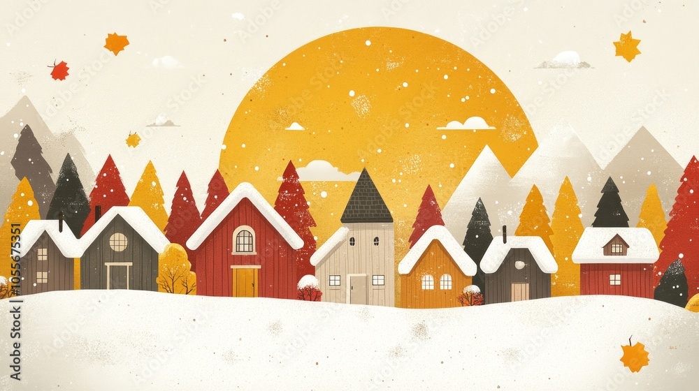 This winter village features charming houses blanketed in snow, surrounded by colorful autumn trees and a warm, glowing sun in the background This winter village features charming houses blanketed in snow, surrounded by colorful autumn trees and a warm, glowing sun in the background