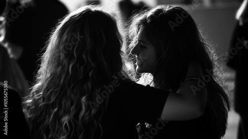 Two friends share a joyful moment during an evening gathering, surrounded by a lively atmosphere filled with laughter and music