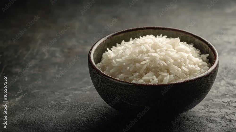 Close up of a bowl of raw white rice on a dark textured backdrop highlighting the themes of food and simplicity Close up of a bowl of raw white rice on a dark textured backdrop highlighting the themes of food and simplicity