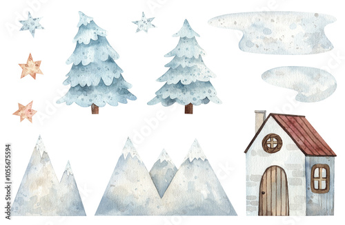 Winter illustration set - cozy house, snowy hills and mountains, evergreen trees and stars. Cute vintage illustrations for winter and Christmas designs, greeting cards, post cards
