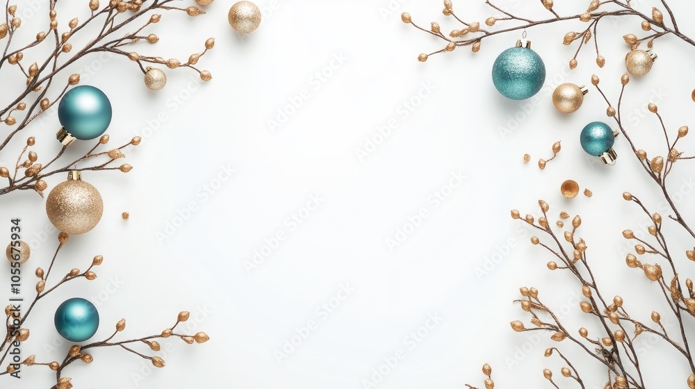 Fototapeta premium Festive holiday frame featuring tree branches and gold and turquoise ornaments on a white background Flat lay design with ample space for text Ideal for a seasonal banner mockup