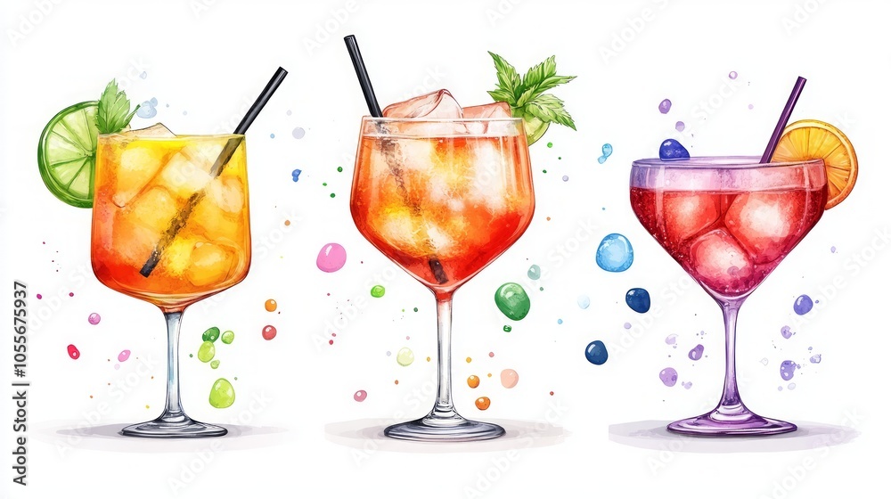 Colorful cocktails with ice and fresh mint are artistically arranged, showcasing summer's vibrant flavors, perfect for enjoying on a warm day Colorful cocktails with ice and fresh mint are artistically arranged, showcasing summer's vibrant flavors, perfect for enjoying on a warm day