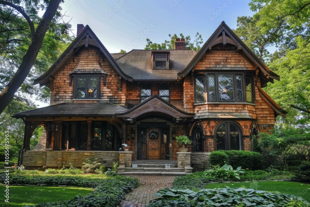 Large, luxurious brown victorian house with wrap around porch and beautiful landscaping on a sunny, summer day Large, luxurious brown victorian house with wrap around porch and beautiful landscaping on a sunny, summer day