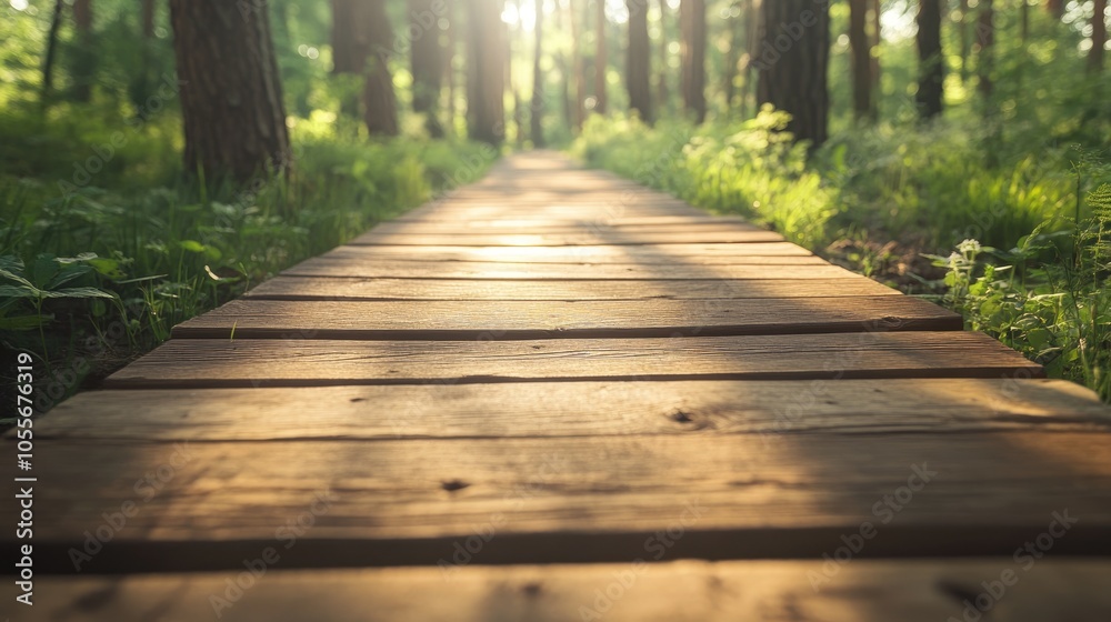 Wooden plank trail designed for walking in a forest setting Close up shot on a sunny day Wooden plank trail designed for walking in a forest setting Close up shot on a sunny day