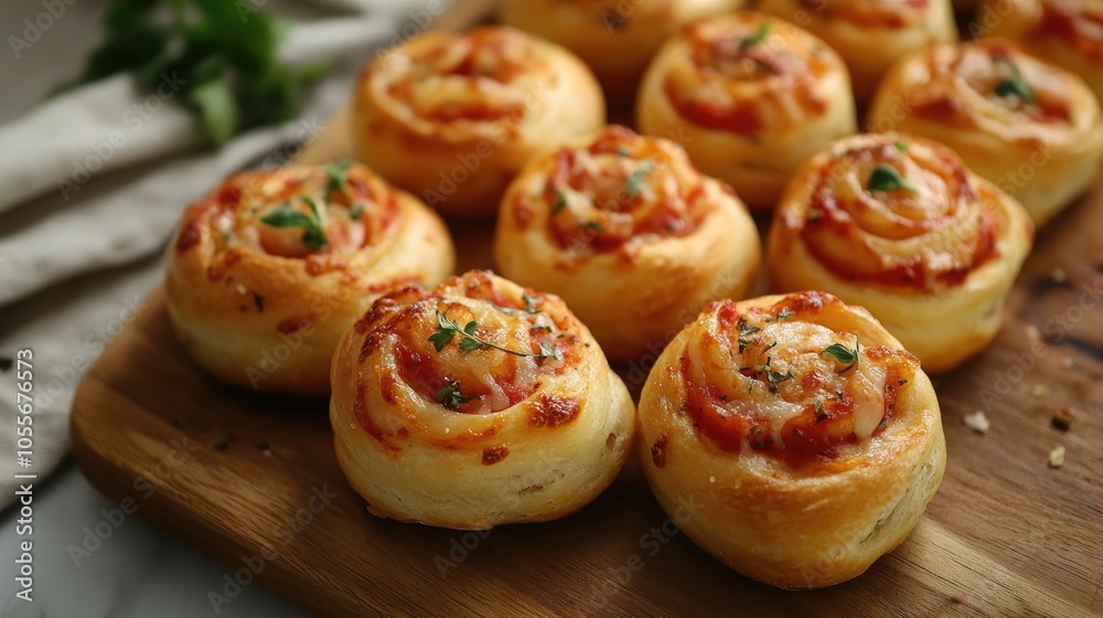 Savory mini pizza buns on a wooden board Tasty homemade baked pizza rolls for a delightful snack Savory mini pizza buns on a wooden board Tasty homemade baked pizza rolls for a delightful snack