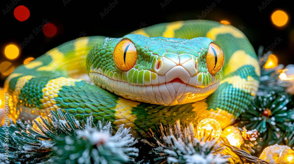 Green snake in decorated Christmas tree branches Green snake in decorated Christmas tree branches