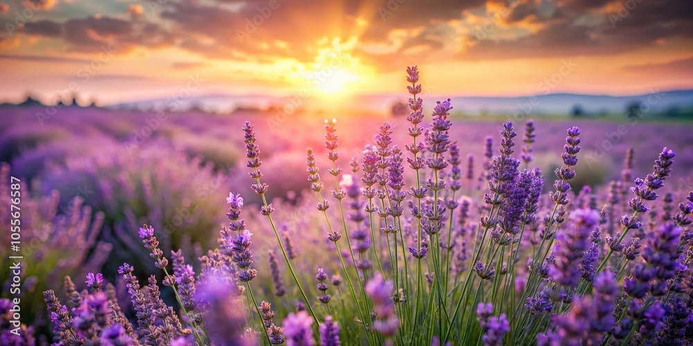 Fototapeta premium Softly lit, serene landscape of a field with lavender flowers swaying gently in the breeze at dusk, lavender fields, serene landscapes, evening sky, wildflowers, natural beauty