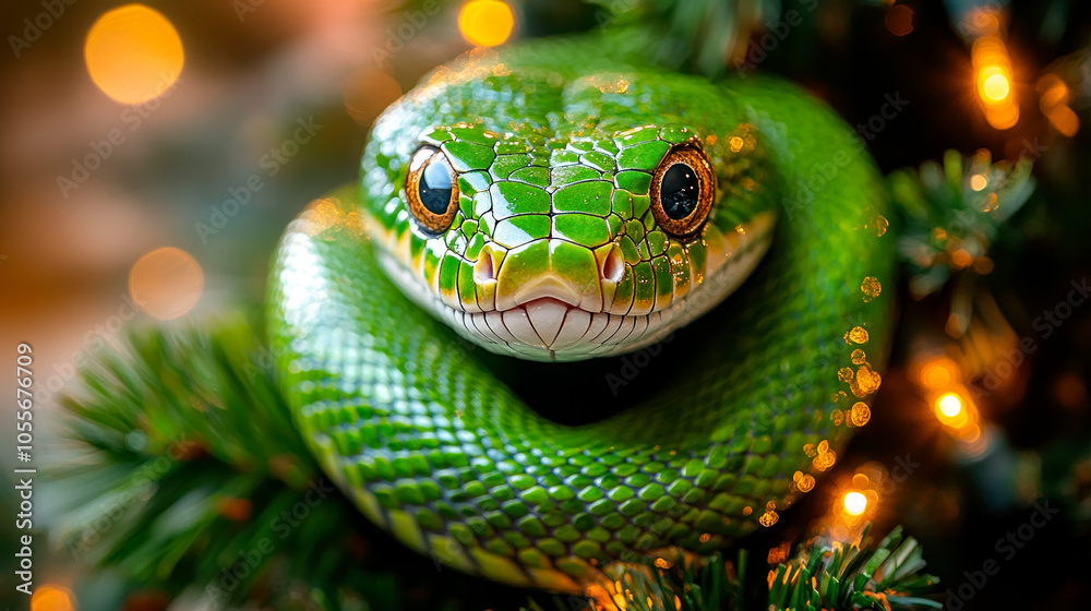 Green snake in decorated Christmas tree branches Green snake in decorated Christmas tree branches