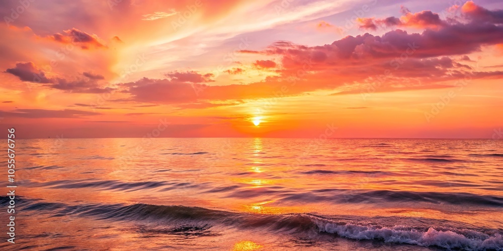 Obraz premium Soft orange hues of sunset fade into gentle pink tones on a tranquil ocean horizon, sky, gentle transition, warm colors, landscape, natural scenery